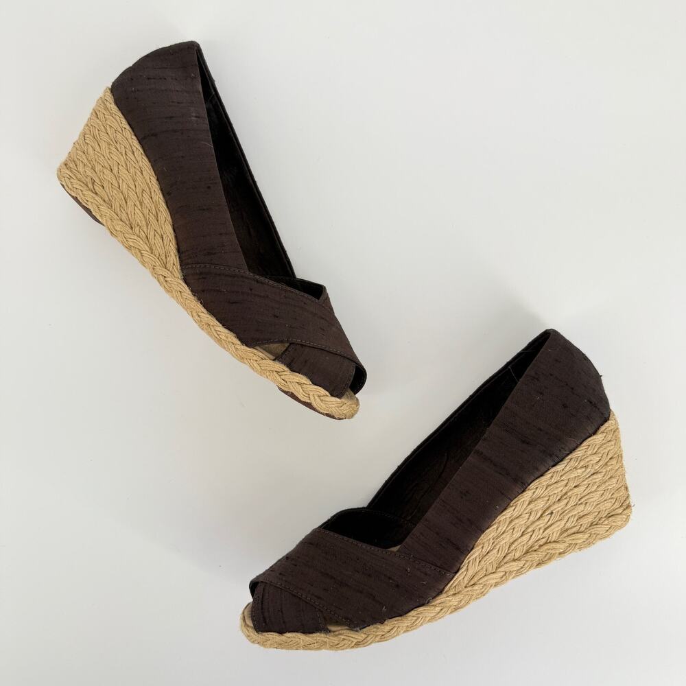 Ralph Lauren Women’s Pumps 7.5 Brown Espadrille Wedge Heel Peep Toe Summer Retro - Picture 3 of 12